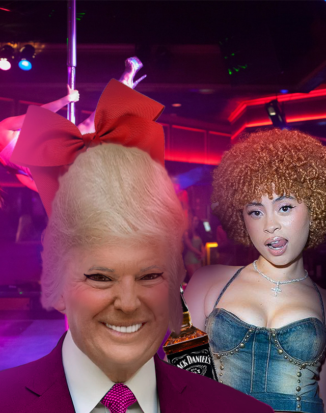 Donald Trump and Ice Spice in a strip club. Trump is wearing makeup.